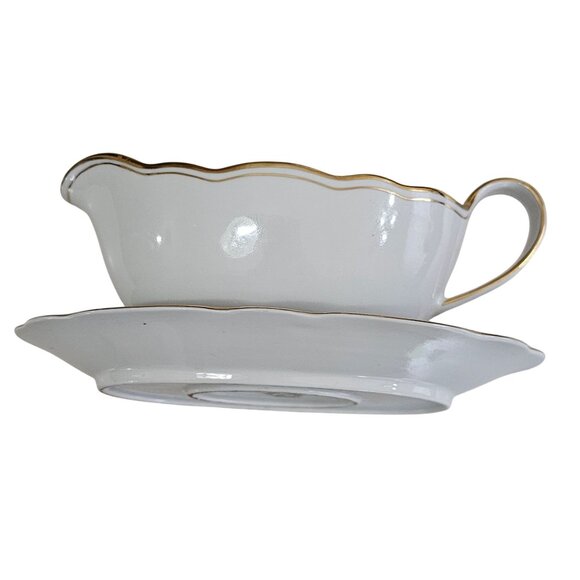 Bavaria Regency Gravy Boat Plate 16oz scallop edge gold trim Germany vtg Winterl - Picture 2 of 7